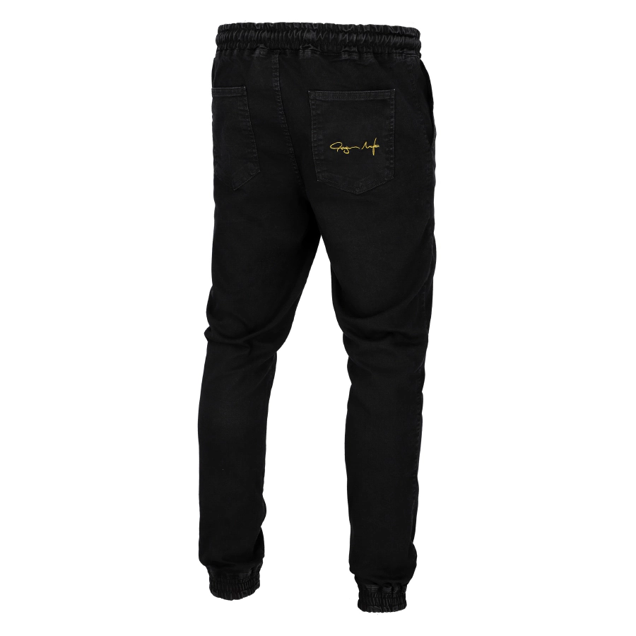 GANJA MAFIA SPODNIE JOGGER JEANS KLASYK PODPIS GOLD CZARNE