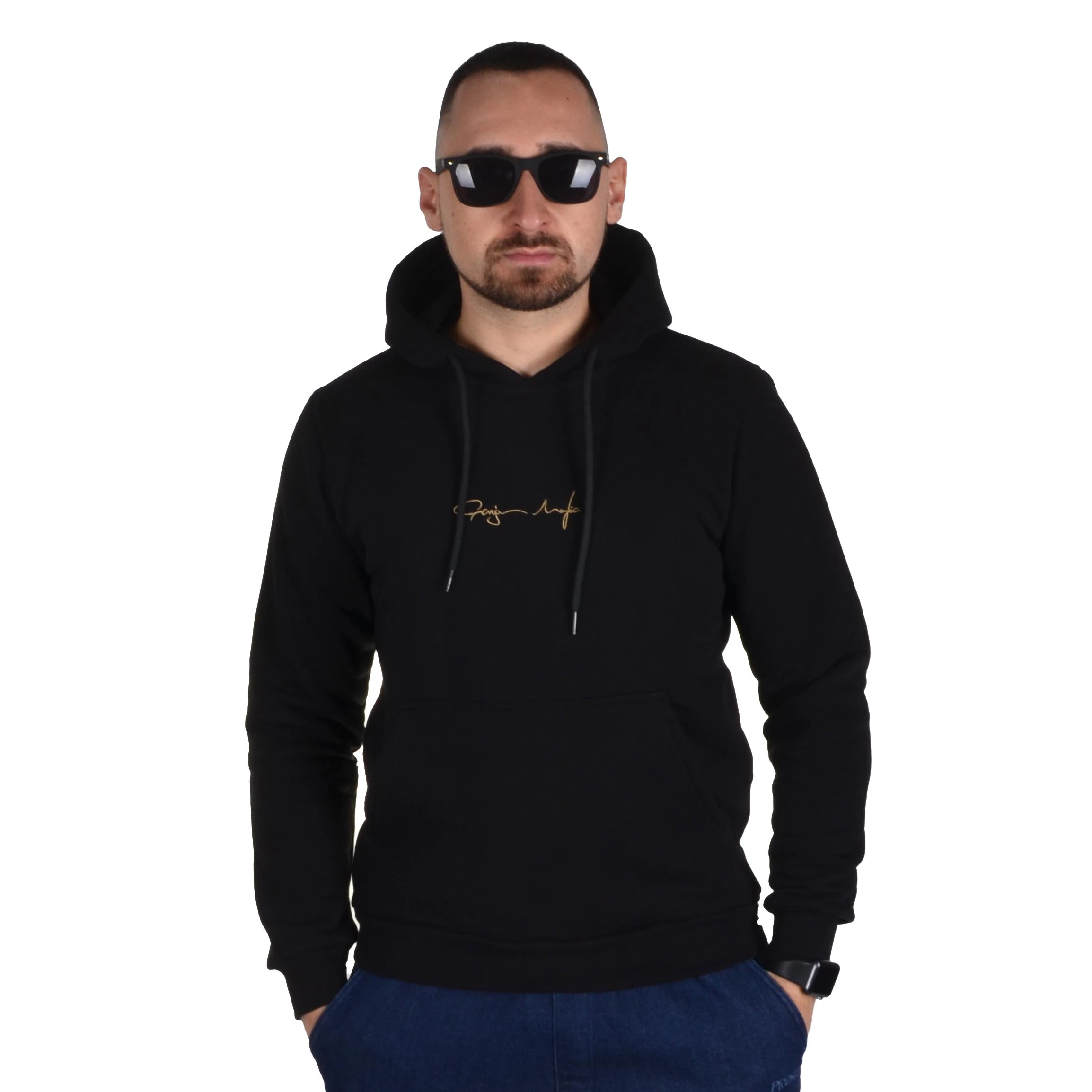 GANJA MAFIA BLUZA Z KAPTUREM PODPIS MINI GOLD CZARNA